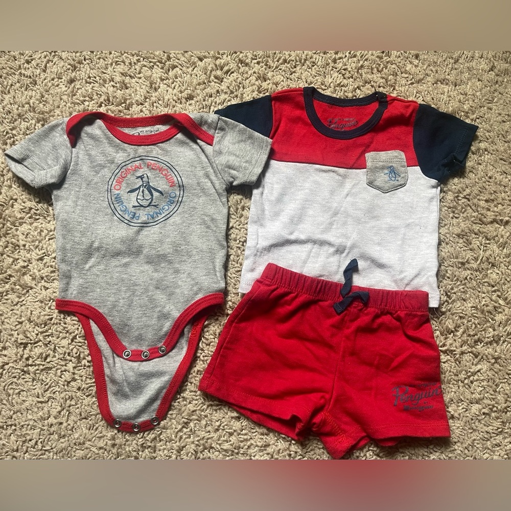 Original Penguin Baby 3-6 months 3pc set body suit shorts red gray blue Shirt